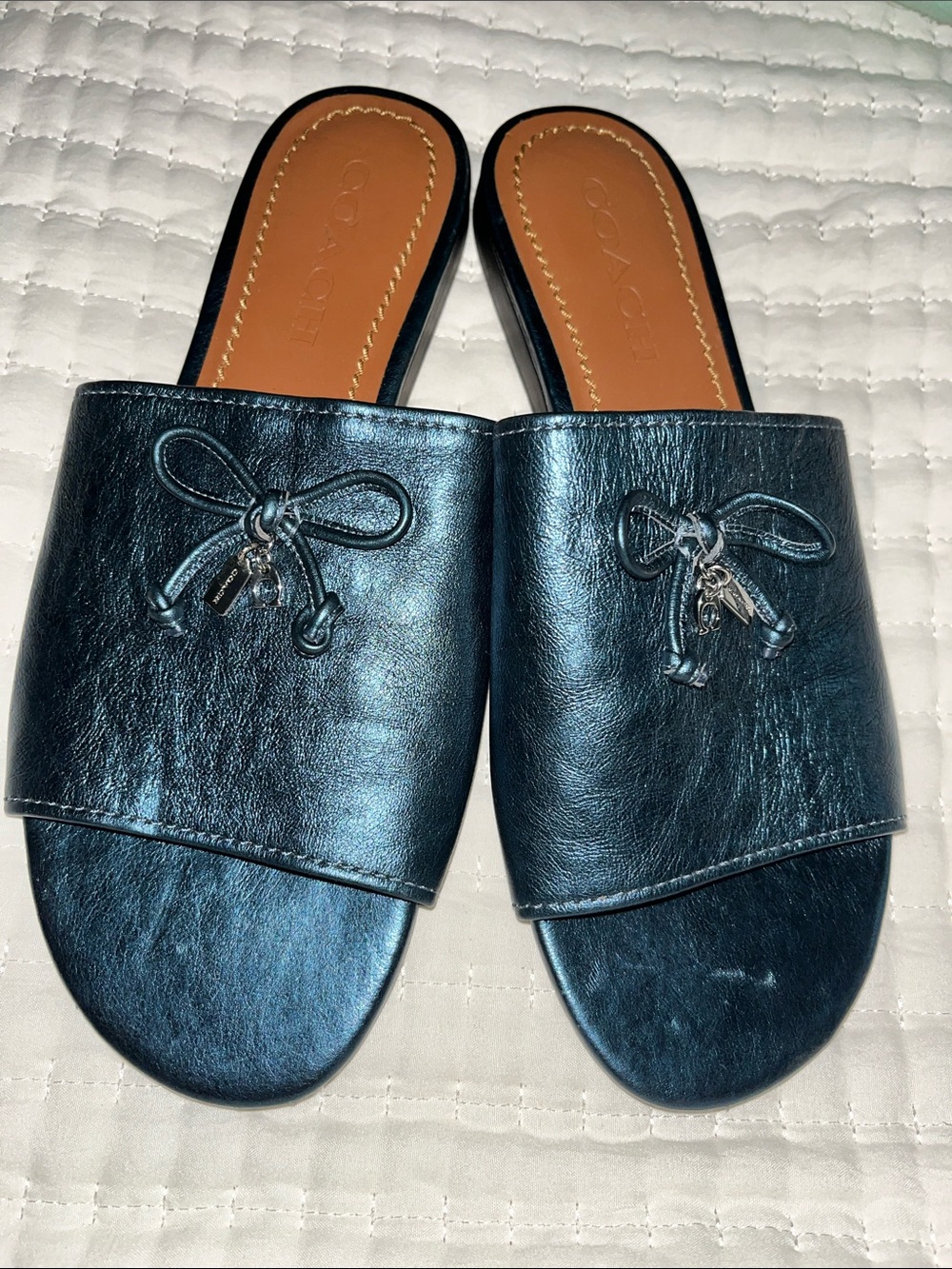 Coach Black Leather Slide Sandals with Silver Charm